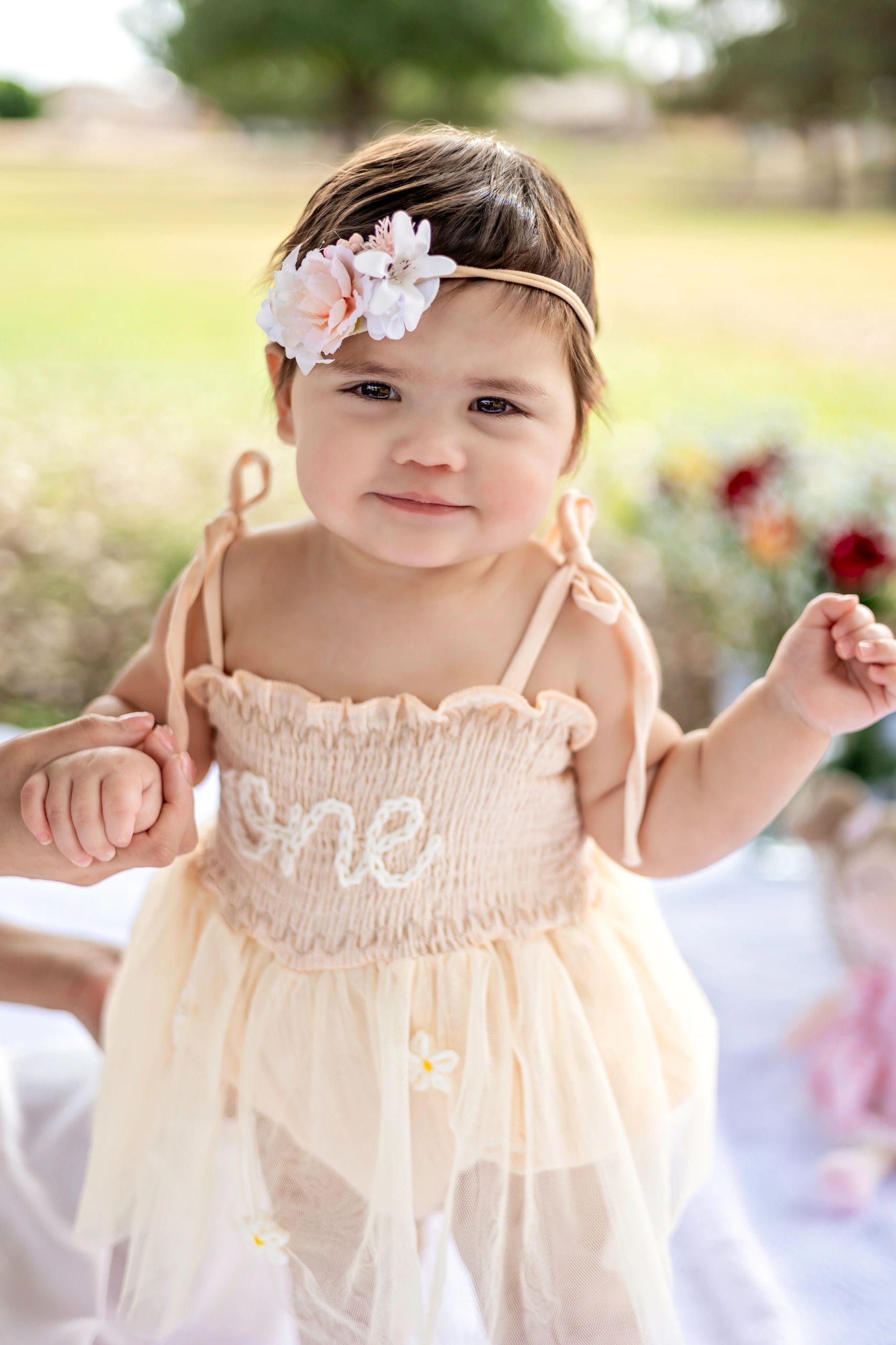 Toddler girl in peach dress